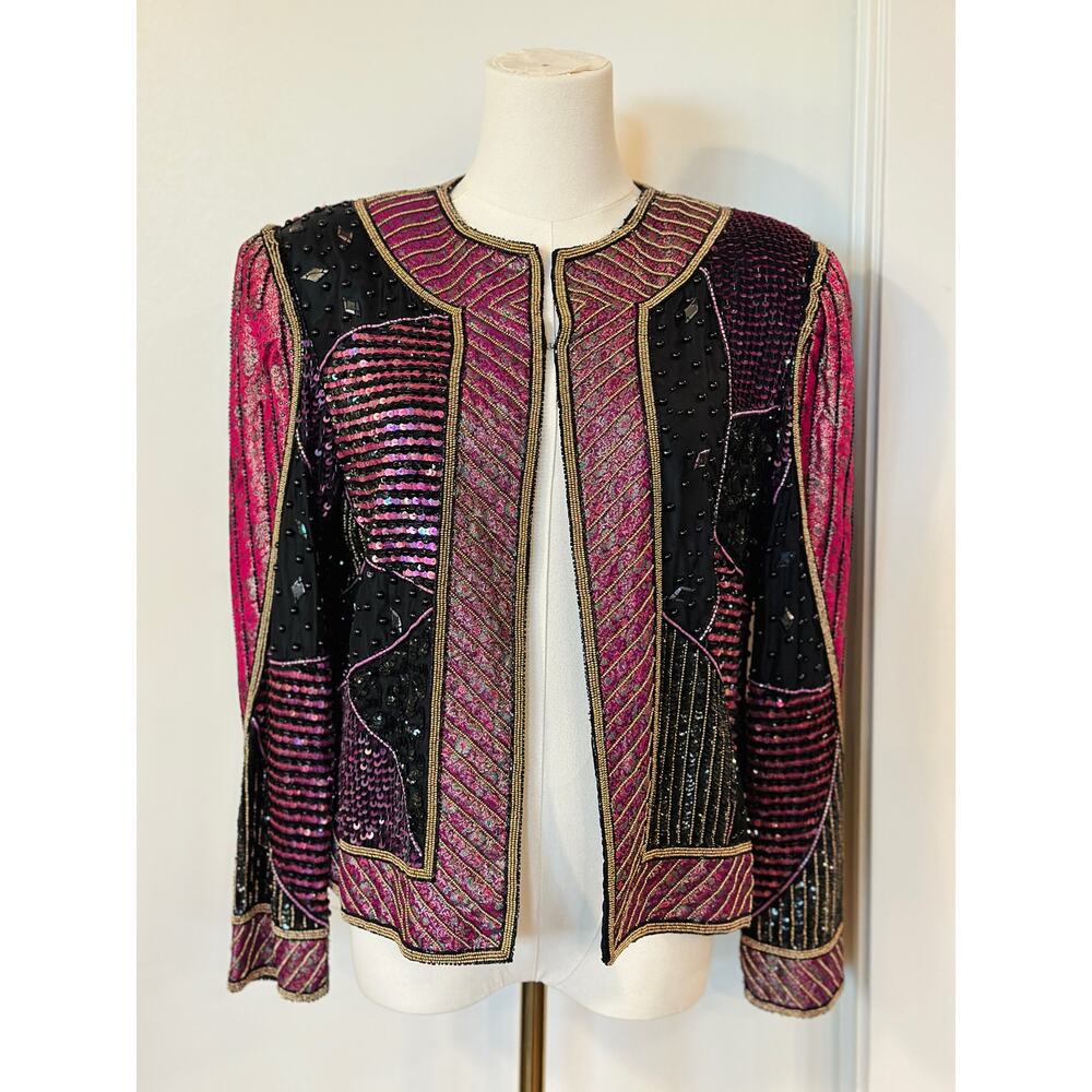 Vintage 80s Judith Ann Creations Multicolor Beaded Sequins Silk Patchwork Jacket - Picture 4 of 14
